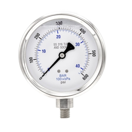 Pro 4 in Dial, 0/600 PSI & Bar, 1/4 in NPT, Lower Mount Glycerin Filled Pressure Gauge PRO-301L-404K-01